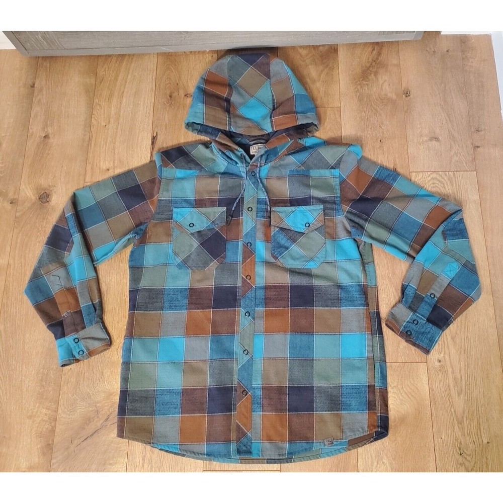 LL Bean Plaid Blue Overland Performance Flannel Snap Front Shirt Mens Sz Medium